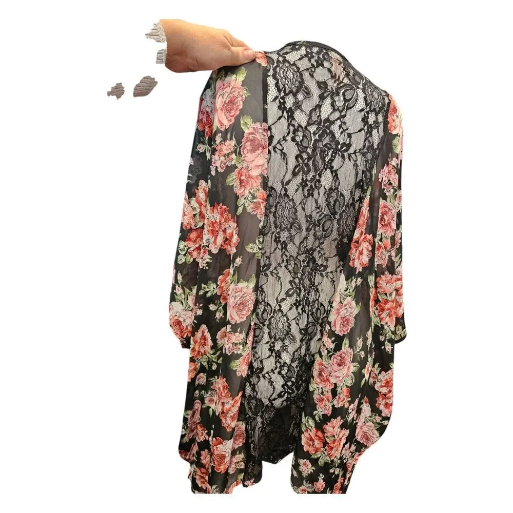 No Boundaries Floral Lace Back Kimono Size 2x - Picture 6 of 8